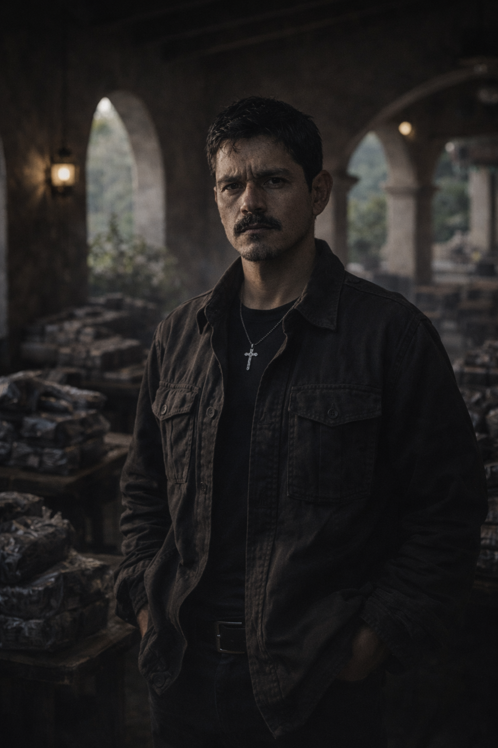 Arturo standing terrified before Reyes on the mountain veranda.