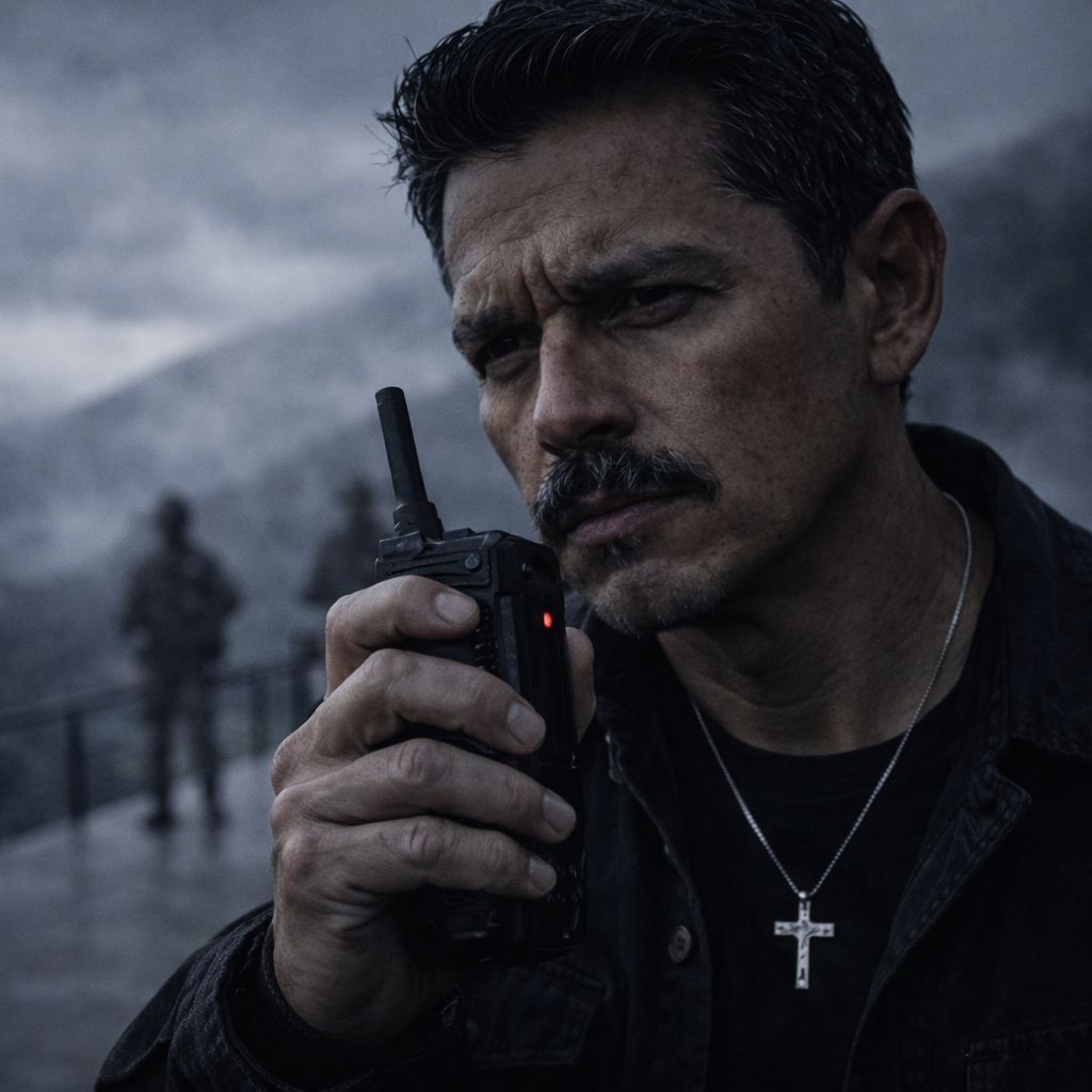 Arturo standing terrified before Reyes on the mountain veranda.