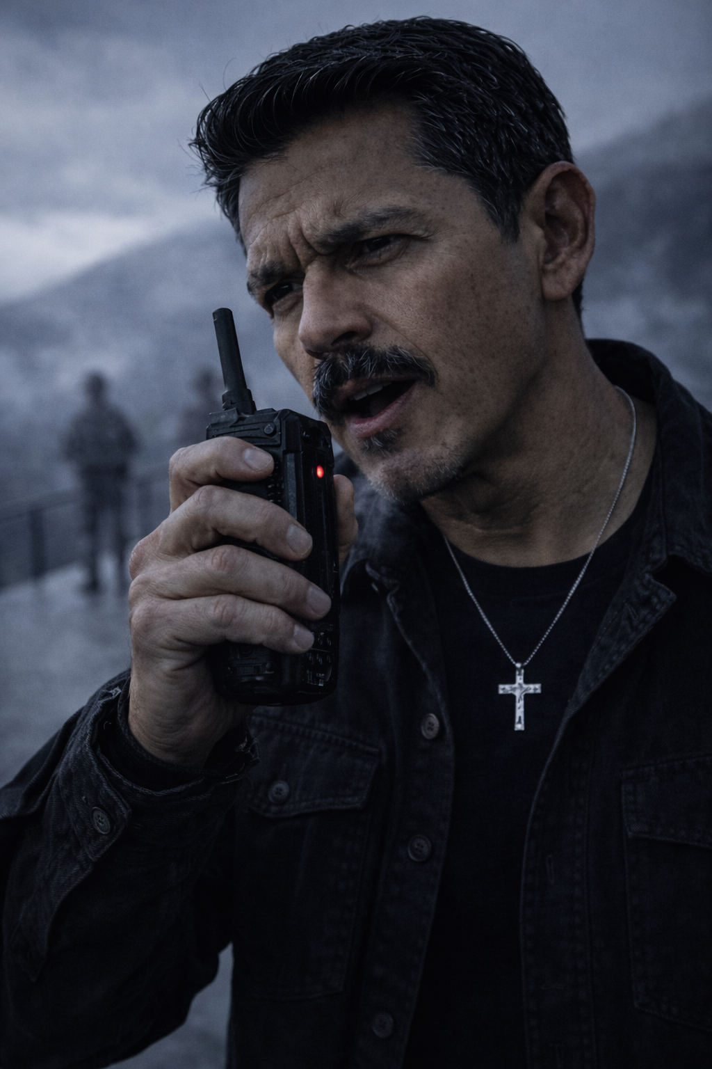 Arturo standing terrified before Reyes on the mountain veranda.
