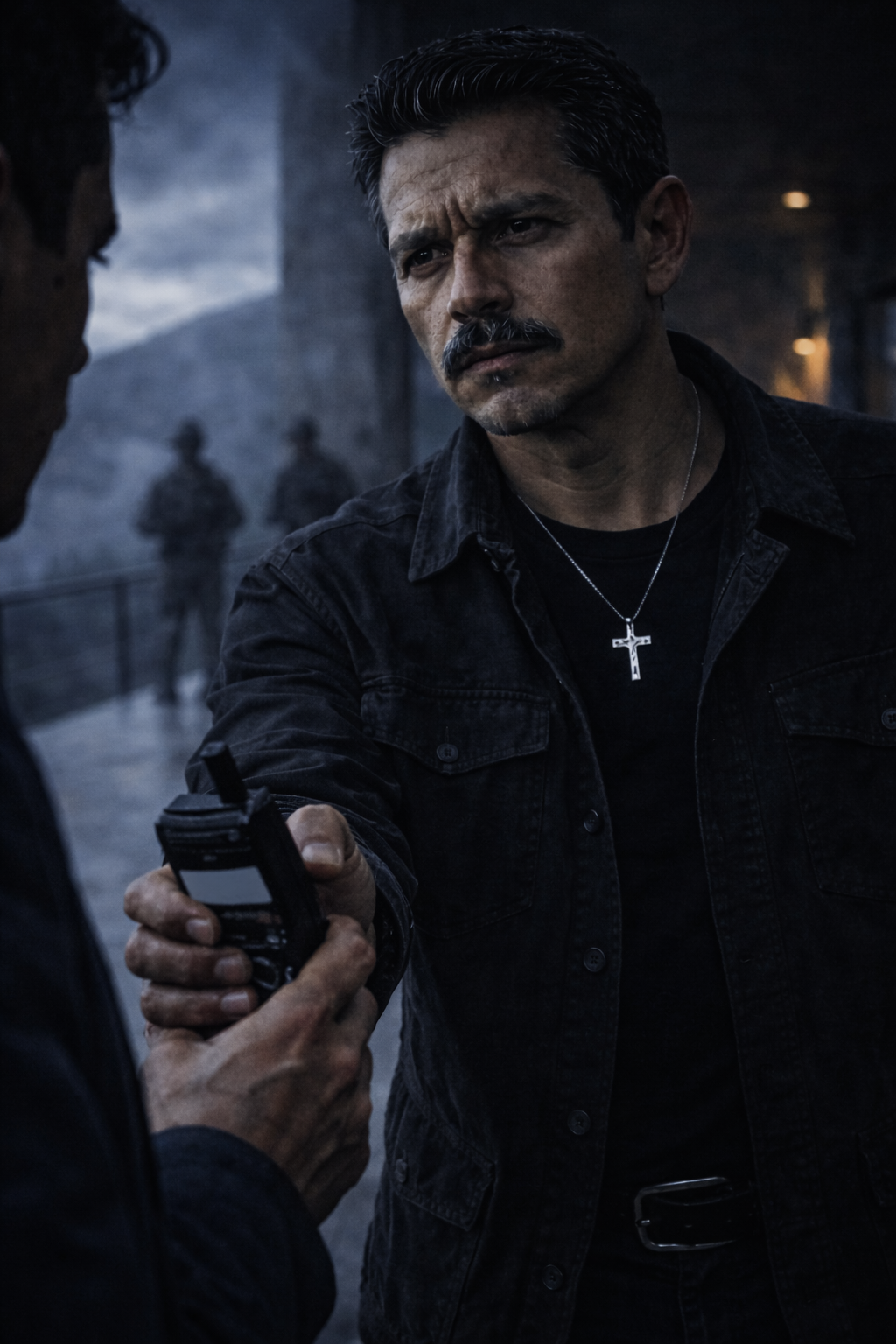 Arturo standing terrified before Reyes on the mountain veranda.