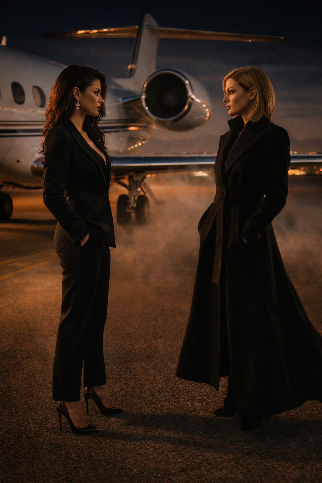 A figure draped in a structured coat standing on a darkened tarmac.