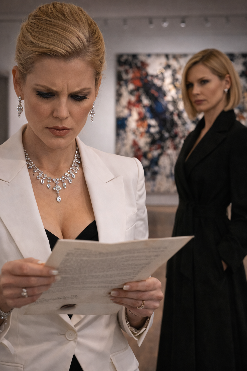 A figure draped in a structured coat standing on a darkened tarmac.