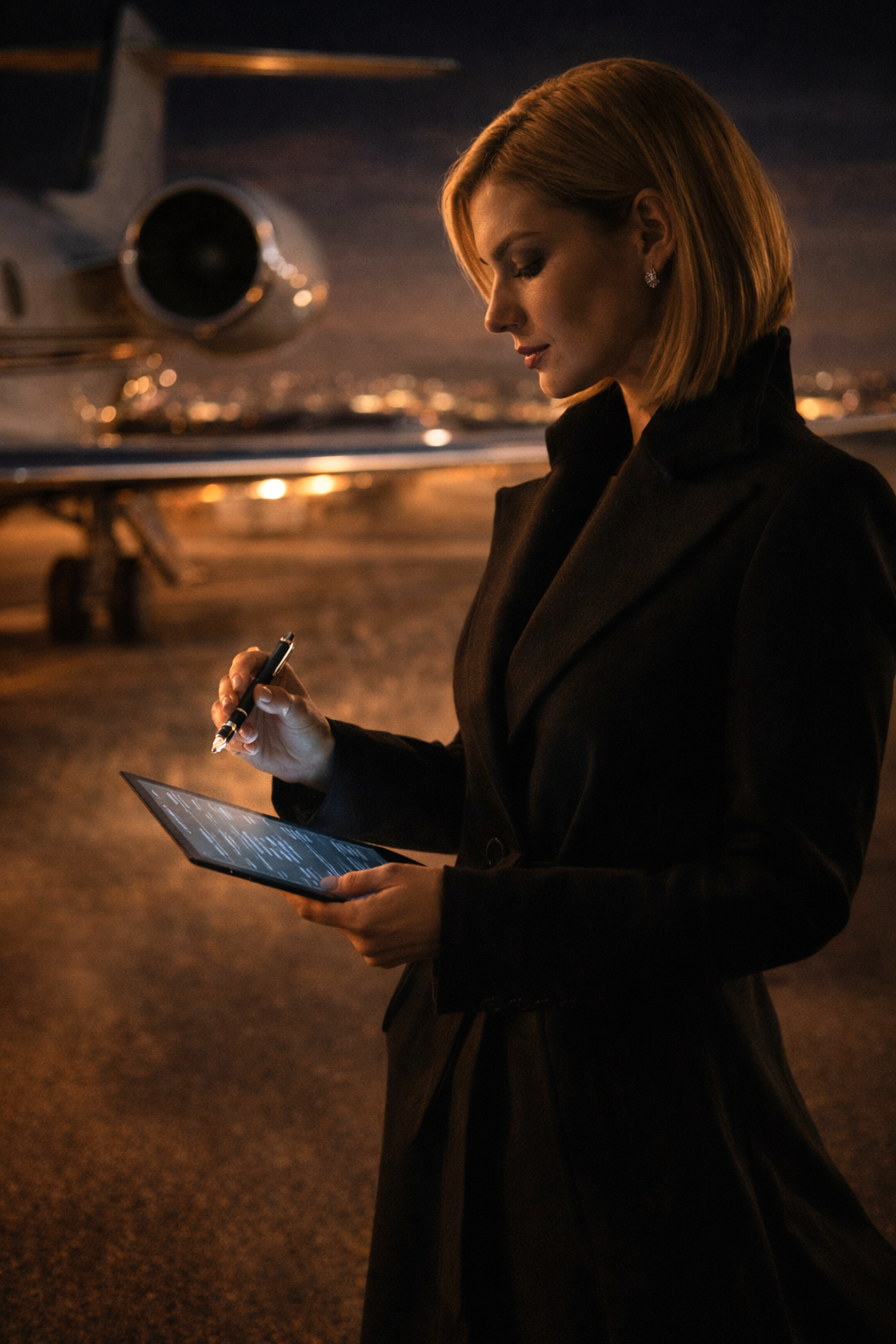 A figure draped in a structured coat standing on a darkened tarmac.