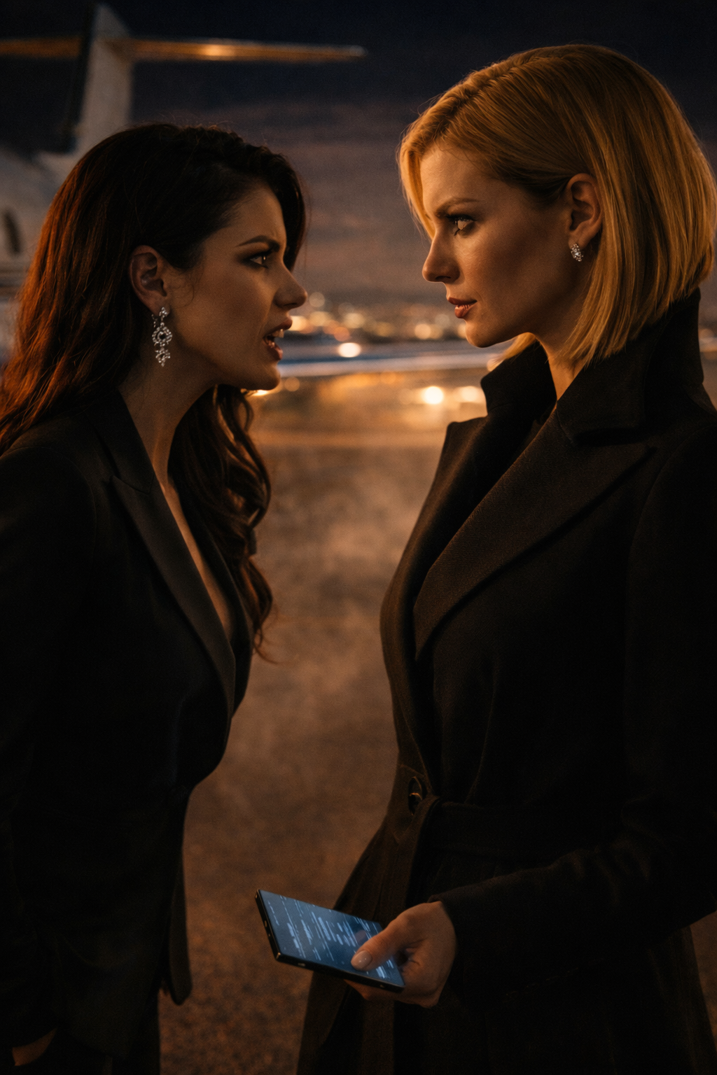 A figure draped in a structured coat standing on a darkened tarmac.