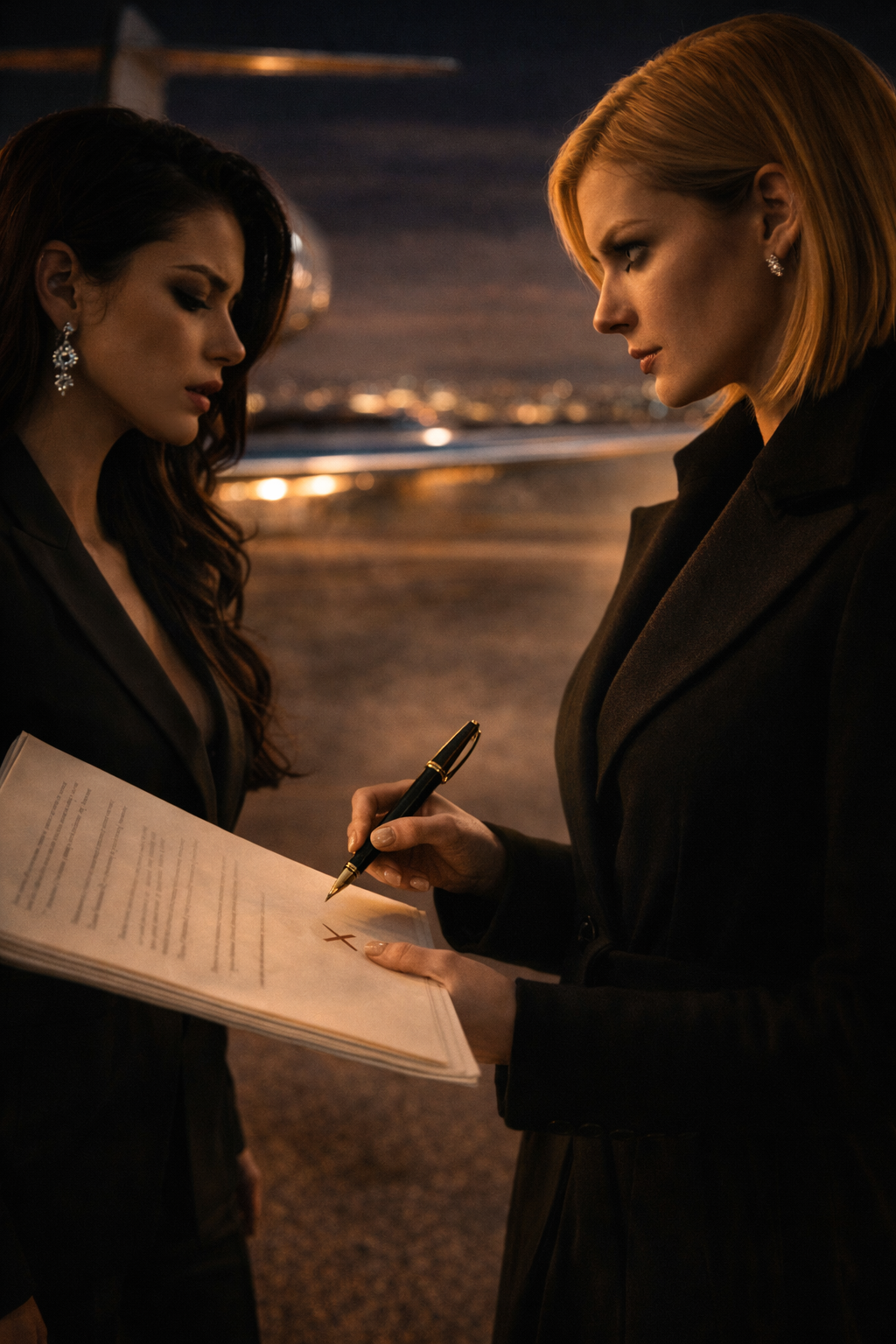 A figure draped in a structured coat standing on a darkened tarmac.