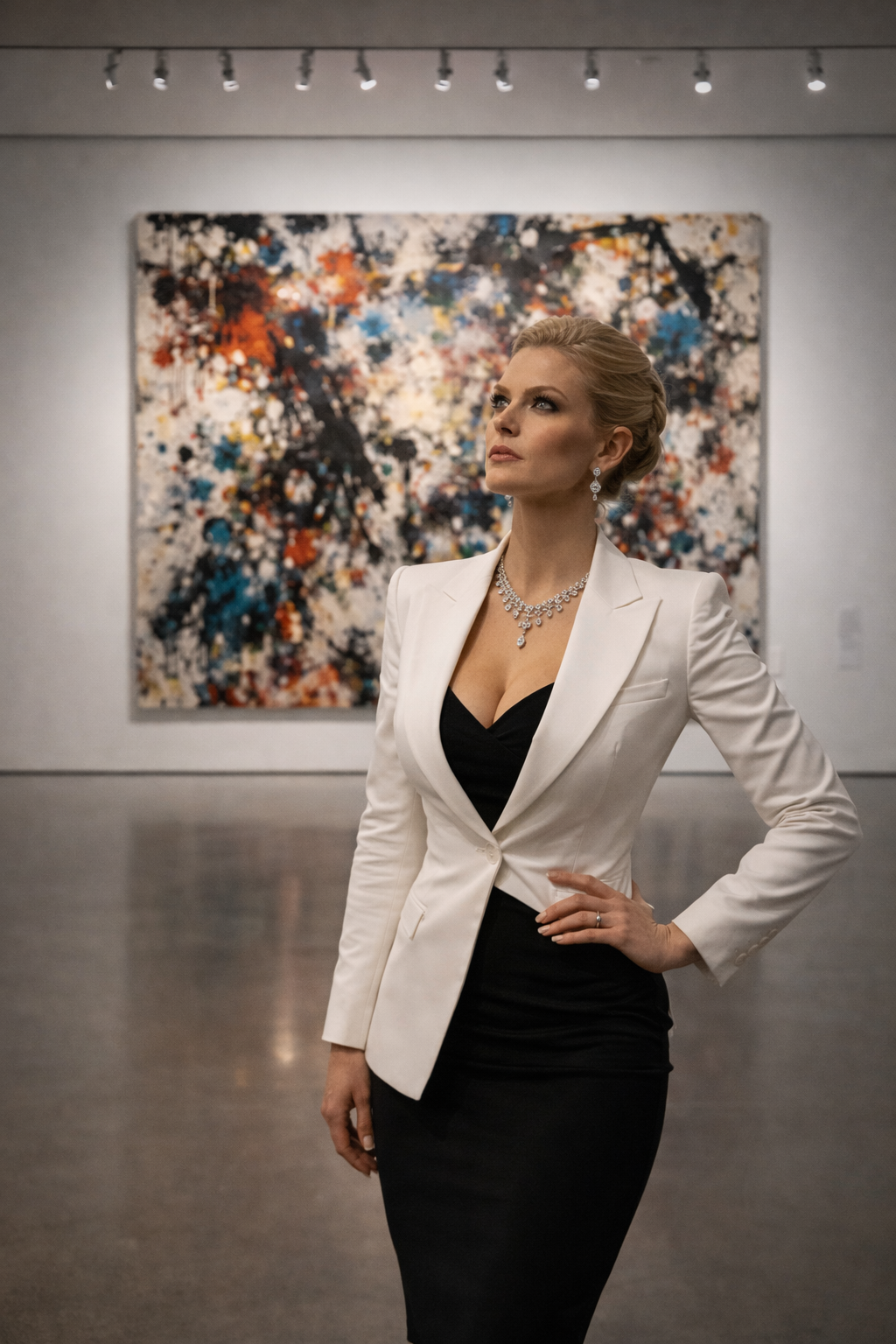 A figure draped in a structured coat standing on a darkened tarmac.