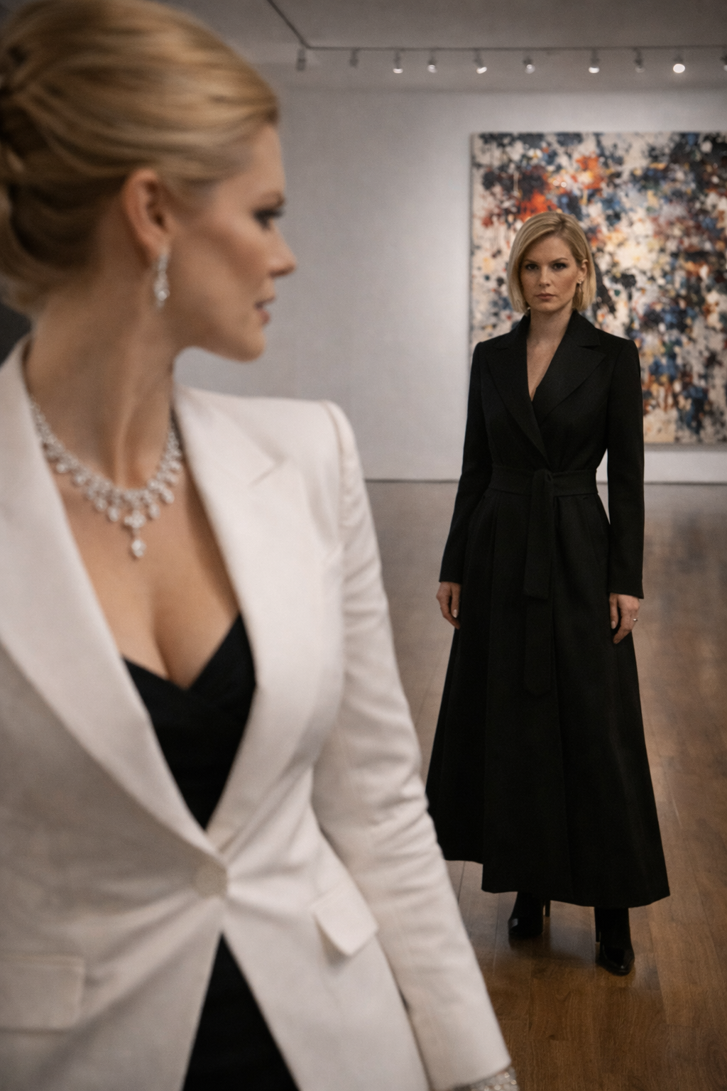 A figure draped in a structured coat standing on a darkened tarmac.