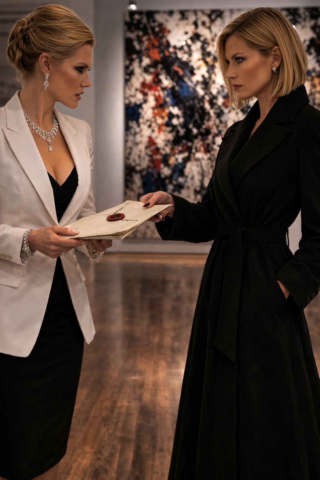 A figure draped in a structured coat standing on a darkened tarmac.