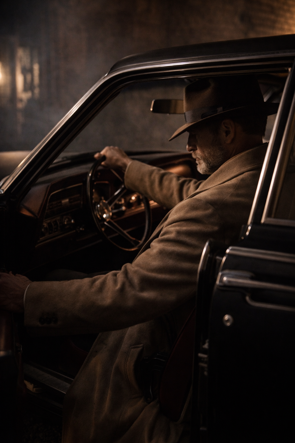 A man in a trench coat and fedora standing in the rain, back to camera