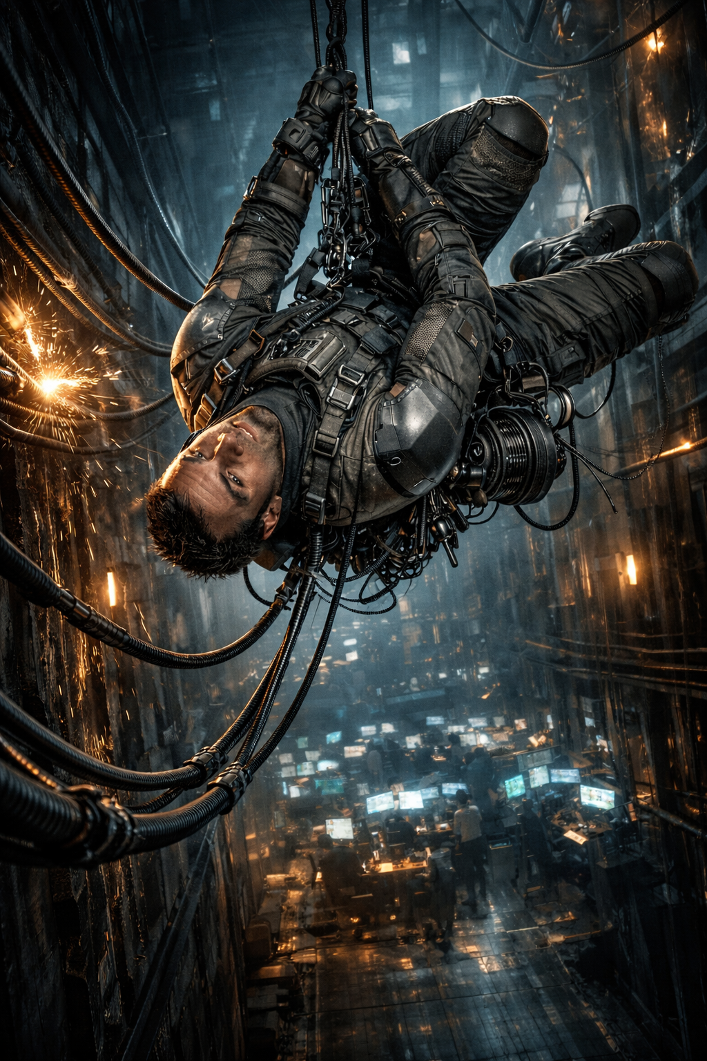 An agile operative in gunmetal tech-wear and approach shoes, hanging inverted from industrial cables above a glowing server room.