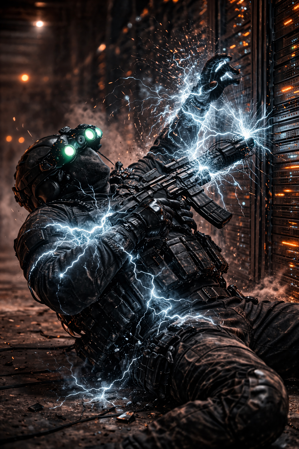 An agile operative in gunmetal tech-wear and approach shoes, hanging inverted from industrial cables above a glowing server room.