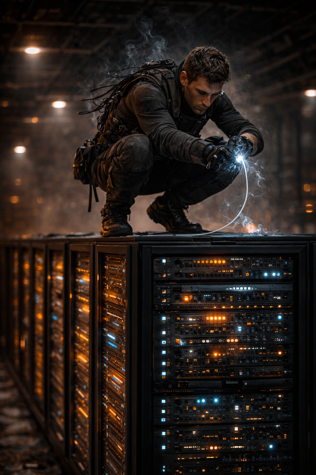 An agile operative in gunmetal tech-wear and approach shoes, hanging inverted from industrial cables above a glowing server room.