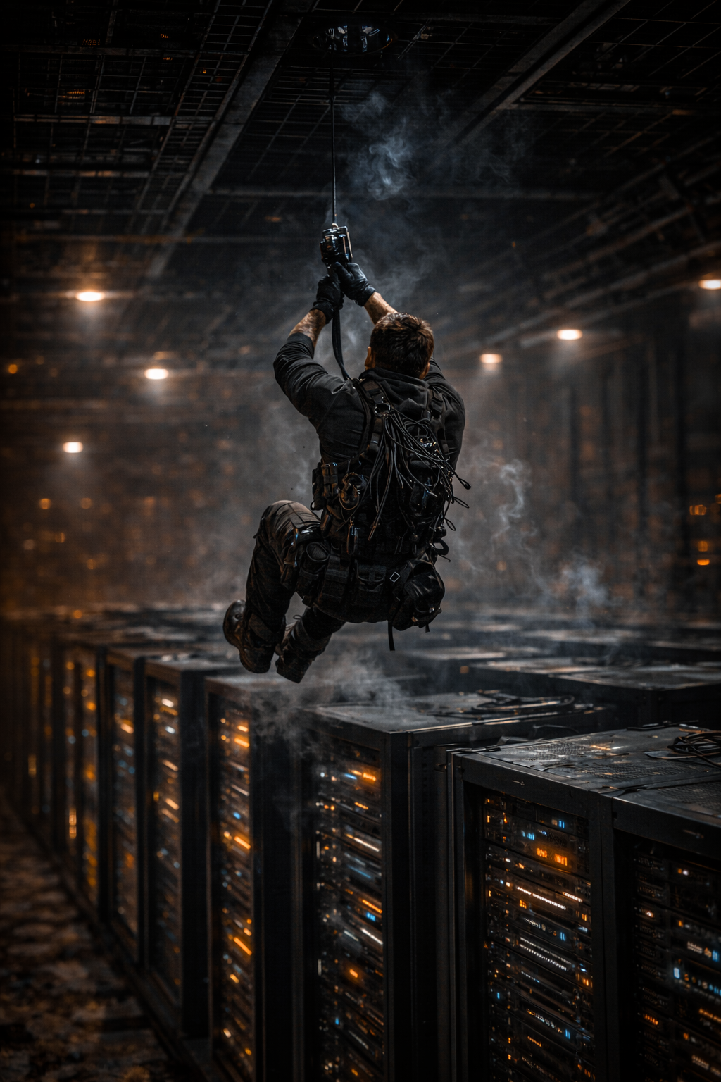 An agile operative in gunmetal tech-wear and approach shoes, hanging inverted from industrial cables above a glowing server room.