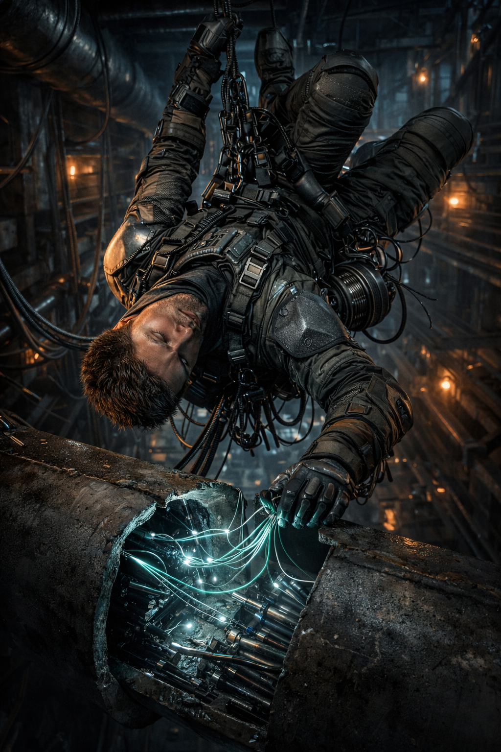 Close up of heavily gloved hands meticulously splicing a glowing fiber-optic data cable while suspended in the air.