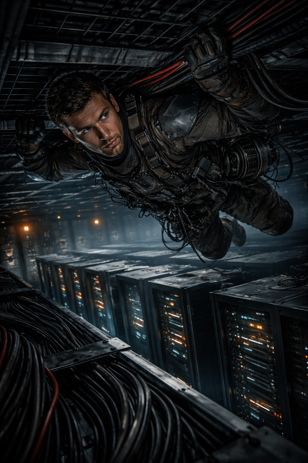An agile operative in gunmetal tech-wear and approach shoes, hanging inverted from industrial cables above a glowing server room.
