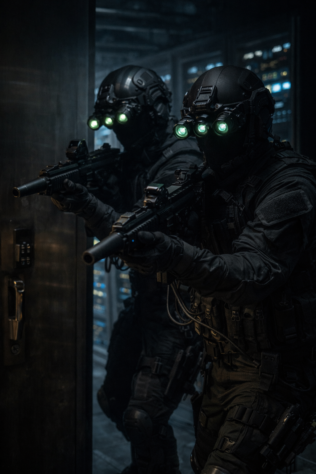 An agile operative in gunmetal tech-wear and approach shoes, hanging inverted from industrial cables above a glowing server room.