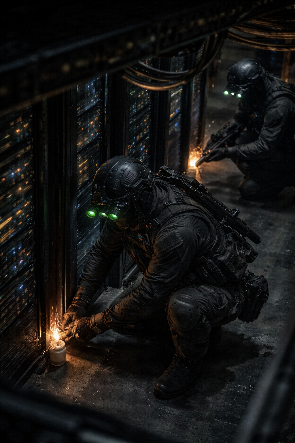 An agile operative in gunmetal tech-wear and approach shoes, hanging inverted from industrial cables above a glowing server room.