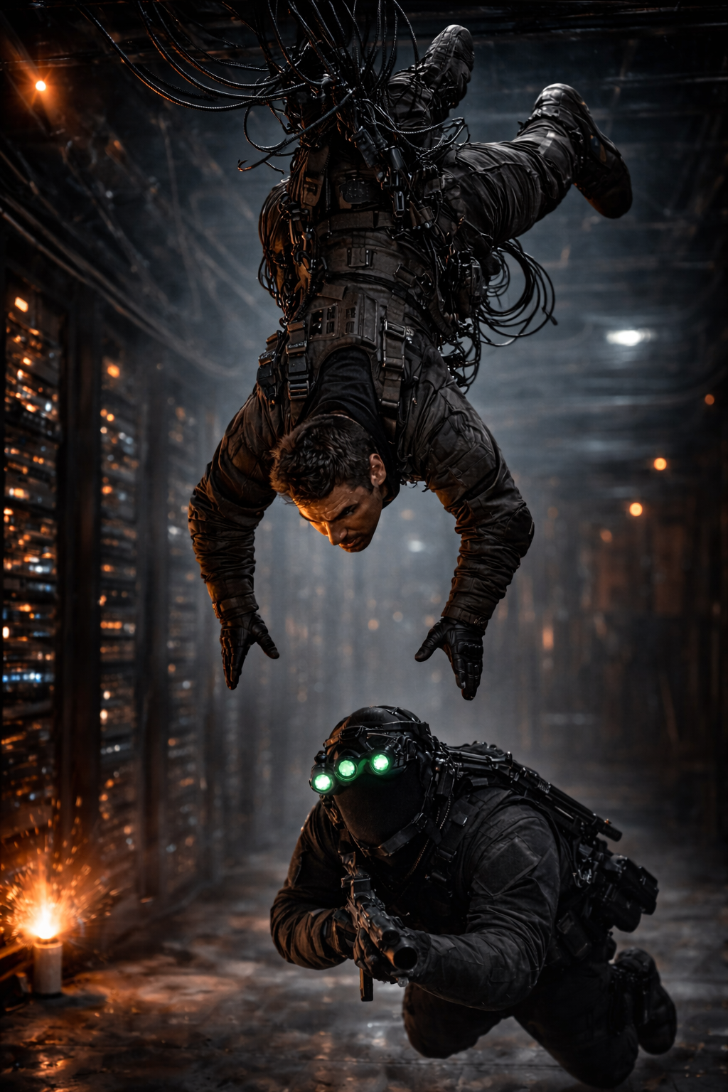 The Spider dropping silently from the dark ceiling, wrapping a glowing, high-tensile wire around a mercenary.