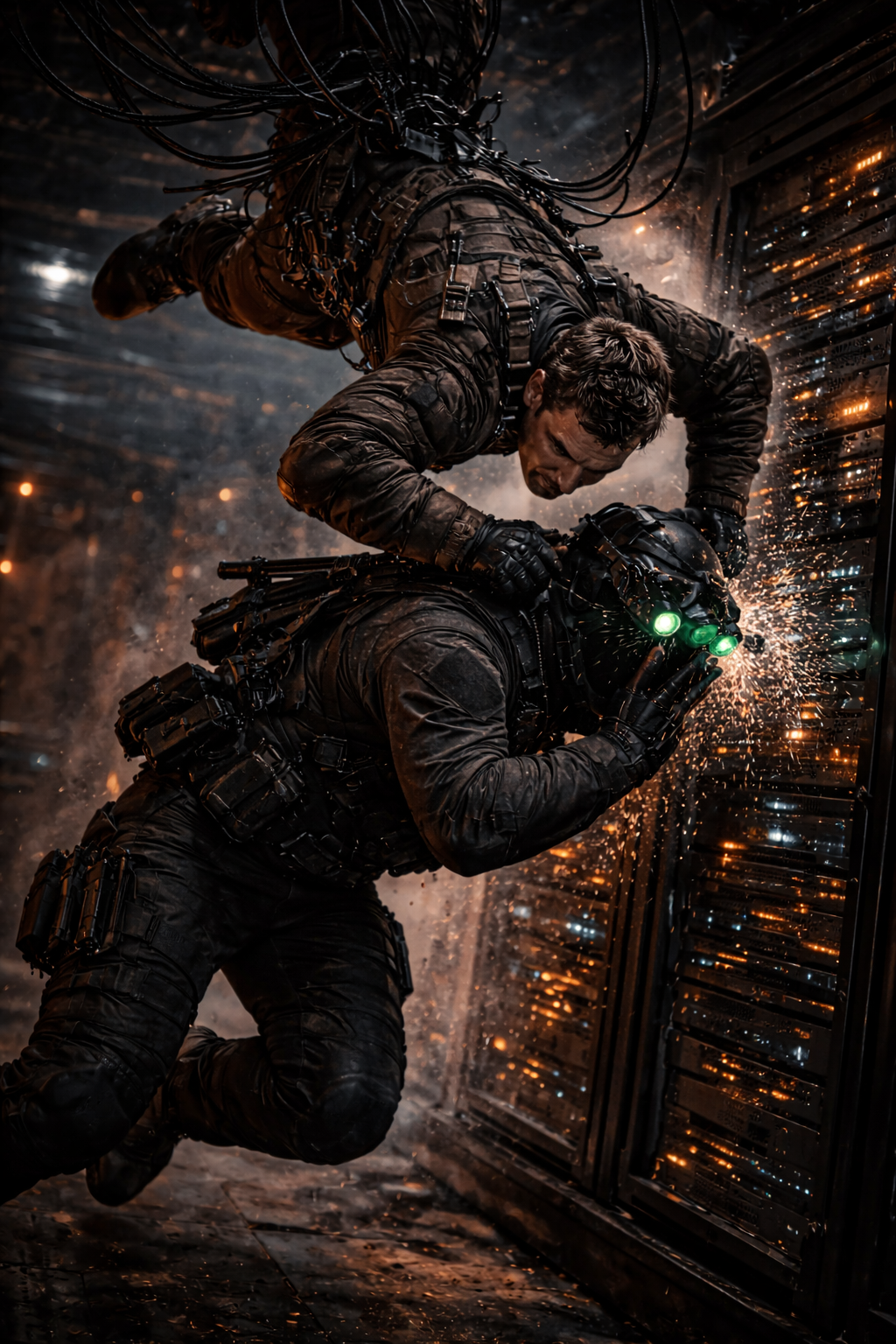 An agile operative in gunmetal tech-wear and approach shoes, hanging inverted from industrial cables above a glowing server room.