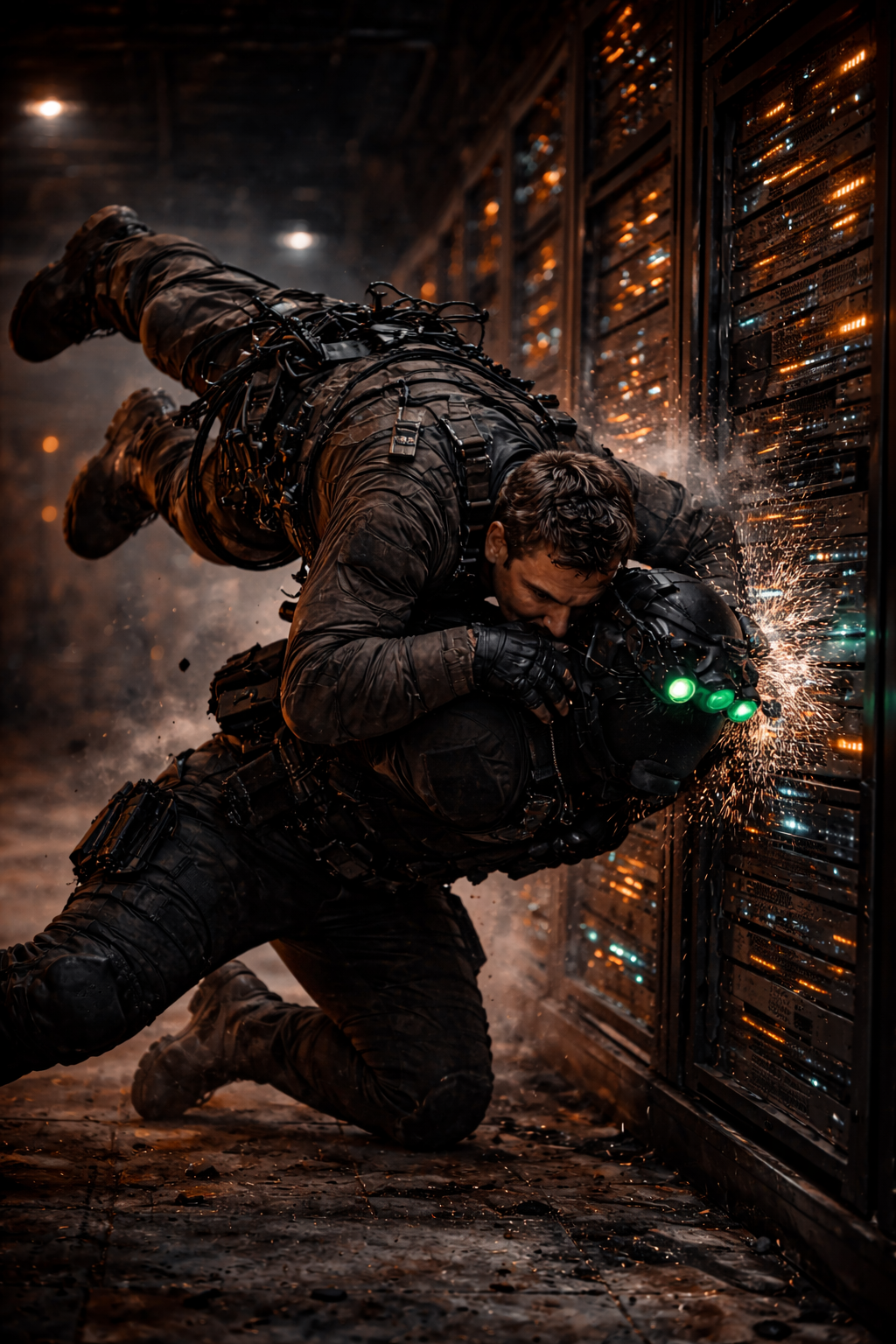 An agile operative in gunmetal tech-wear and approach shoes, hanging inverted from industrial cables above a glowing server room.