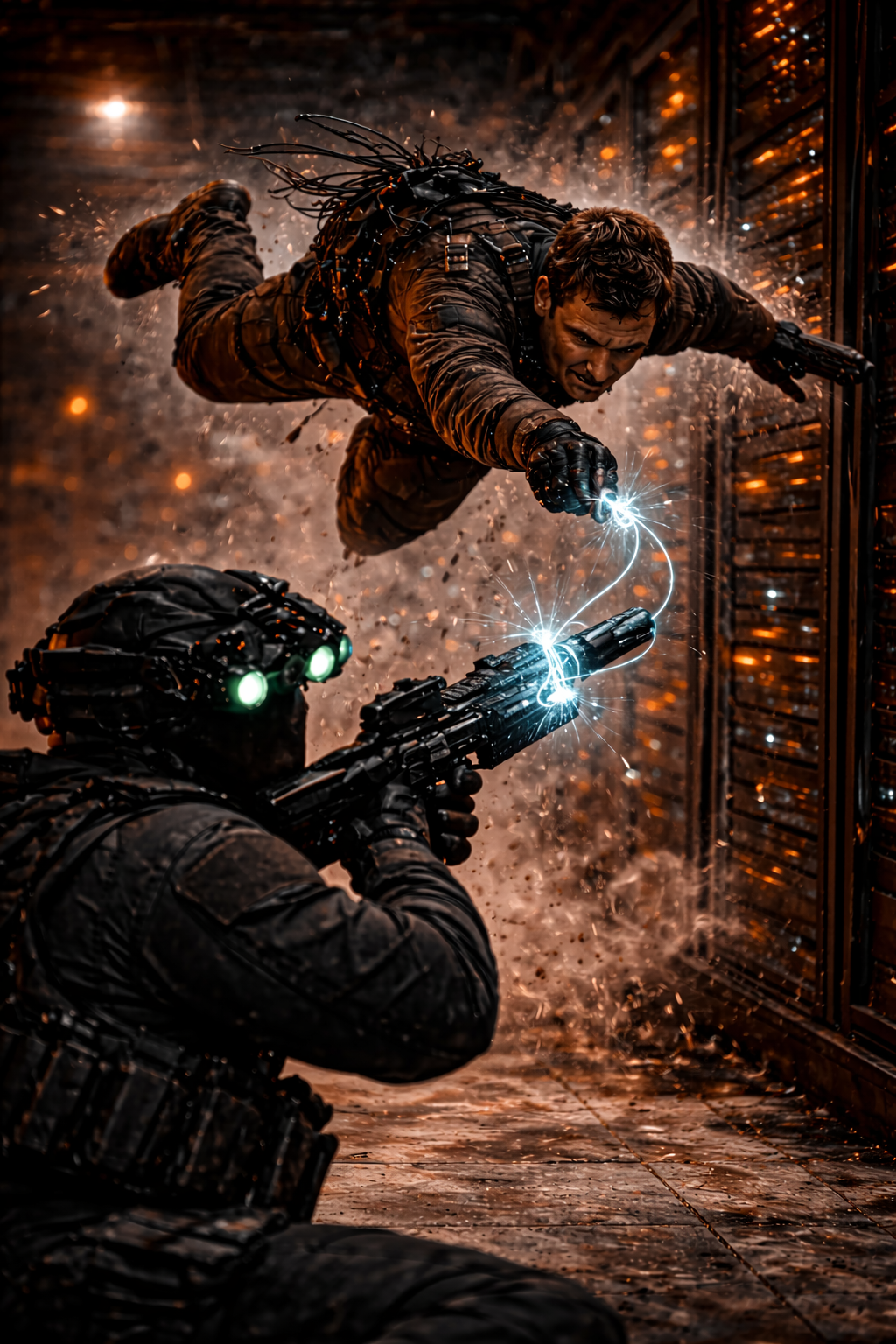 An agile operative in gunmetal tech-wear and approach shoes, hanging inverted from industrial cables above a glowing server room.