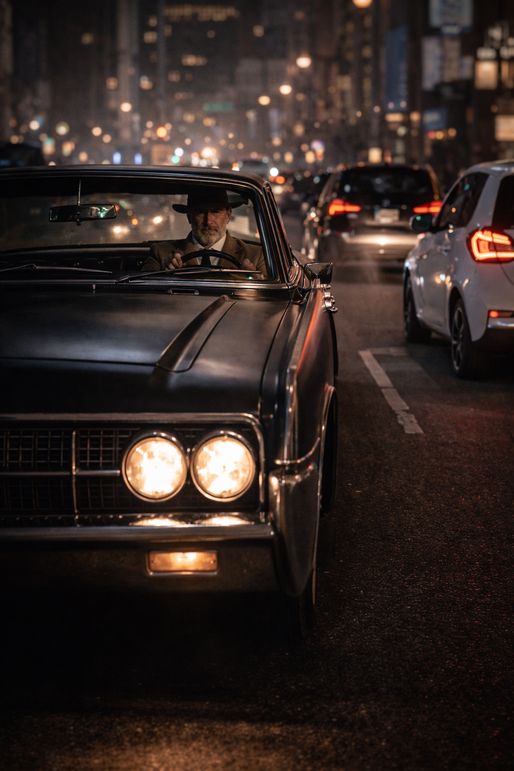 A man in a trench coat and fedora standing in the rain, back to camera