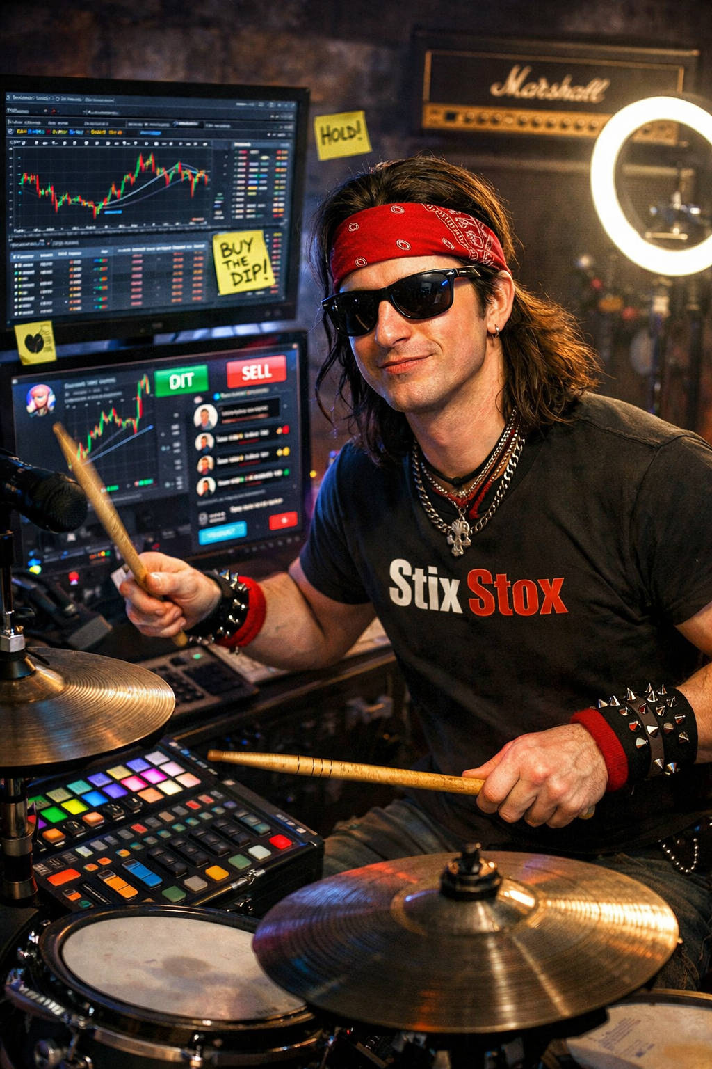 A soundproofed studio illuminated by the green glow of multiple trading monitors, a massive drum kit, and a blazing ring light.