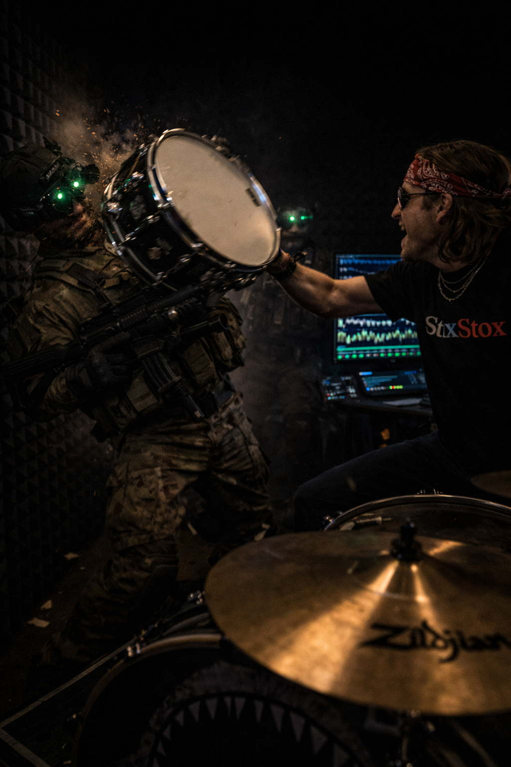 The eight-monitor command array still blazing on UPS power &mdash; the stream holding as the hallway goes dark