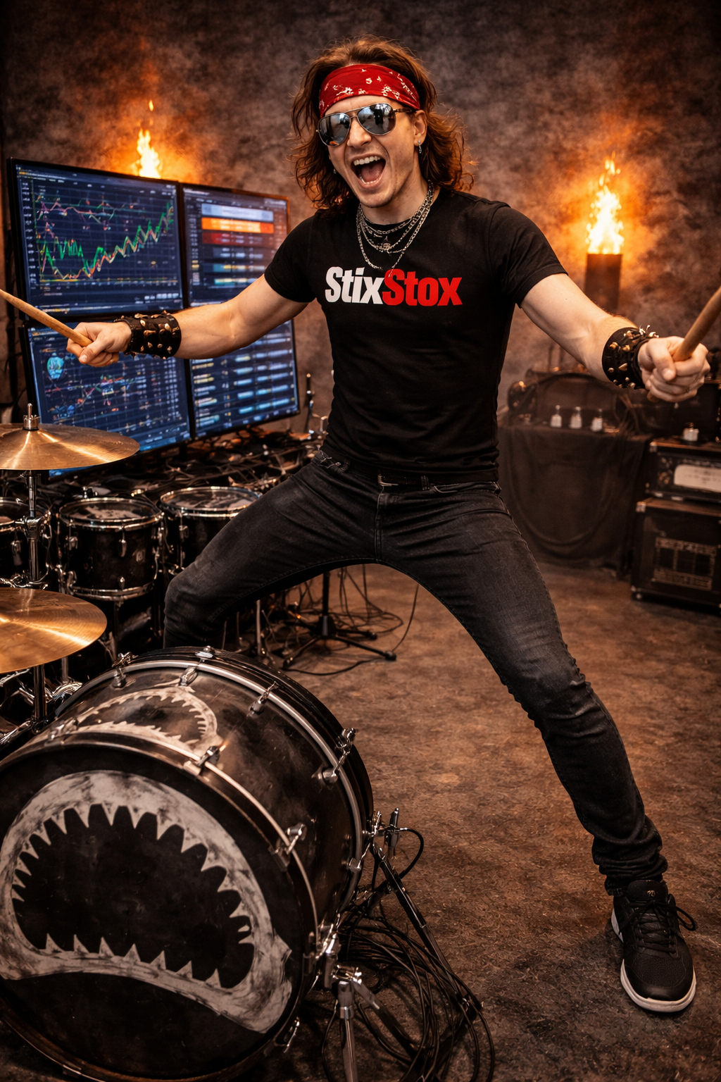 A massive surge of green buy orders flooding the exchange terminal, illuminated by the flash of a crash cymbal.