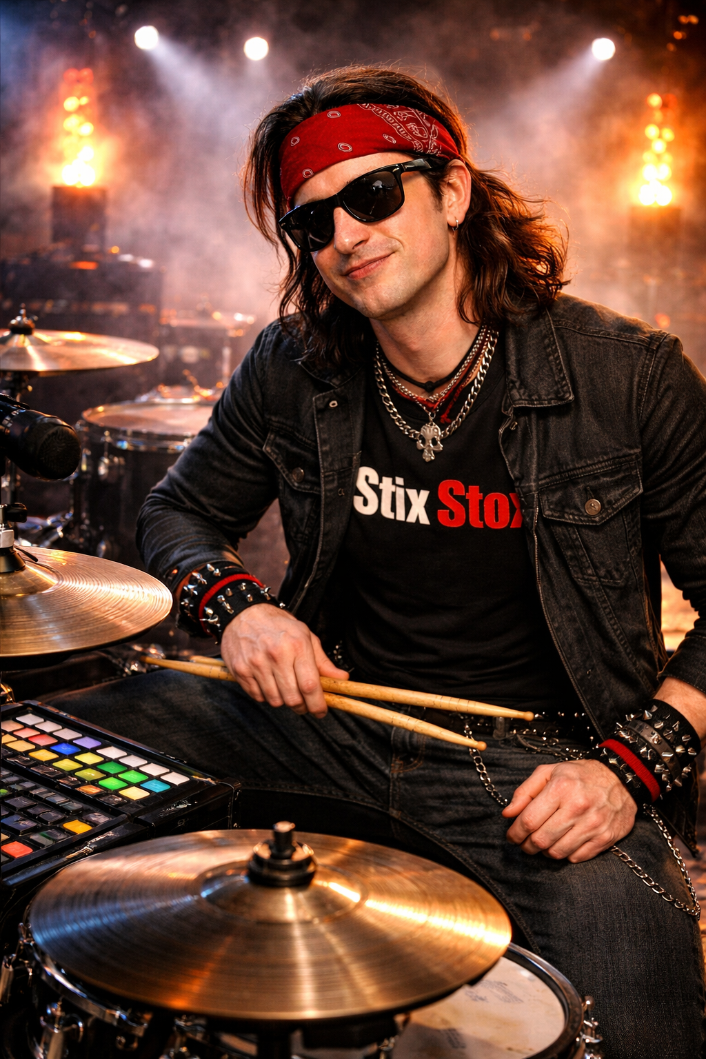 Zane Cross sitting behind his drum kit, staring down the lens of an iPhone mounted in a ring light, twirling Vic Firth drumsticks.