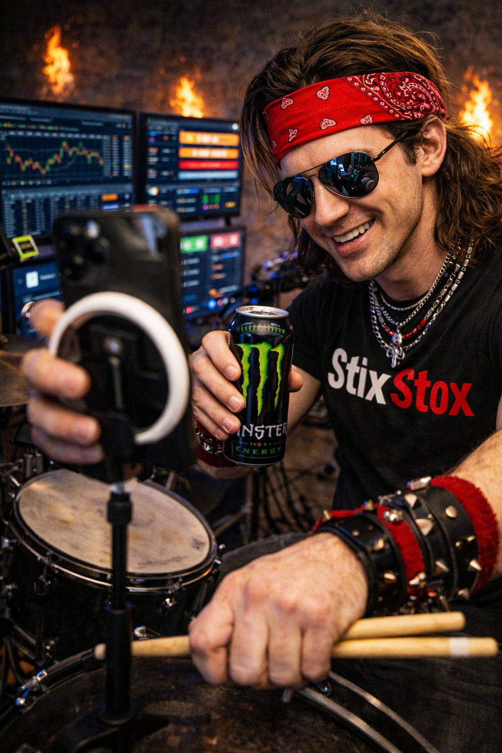 The Shark placing an encrypted glass tablet onto Zane's midi-mapped floor tom.