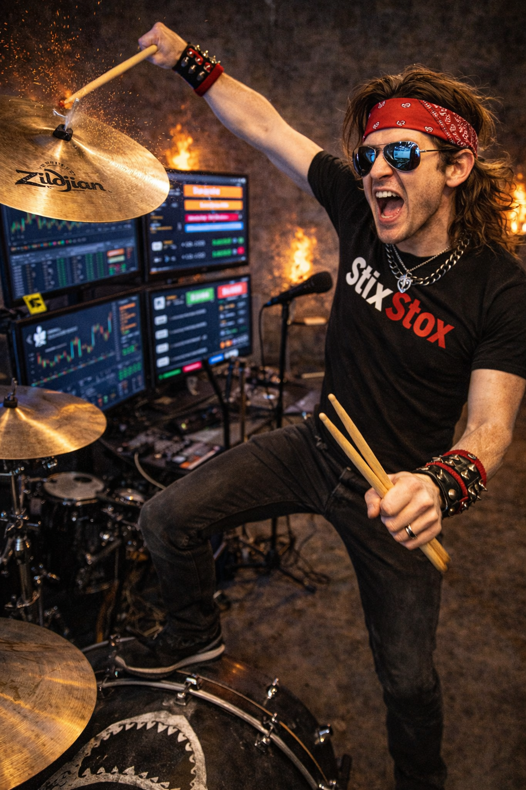 A massive surge of green buy orders flooding the exchange terminal, illuminated by the flash of a crash cymbal.