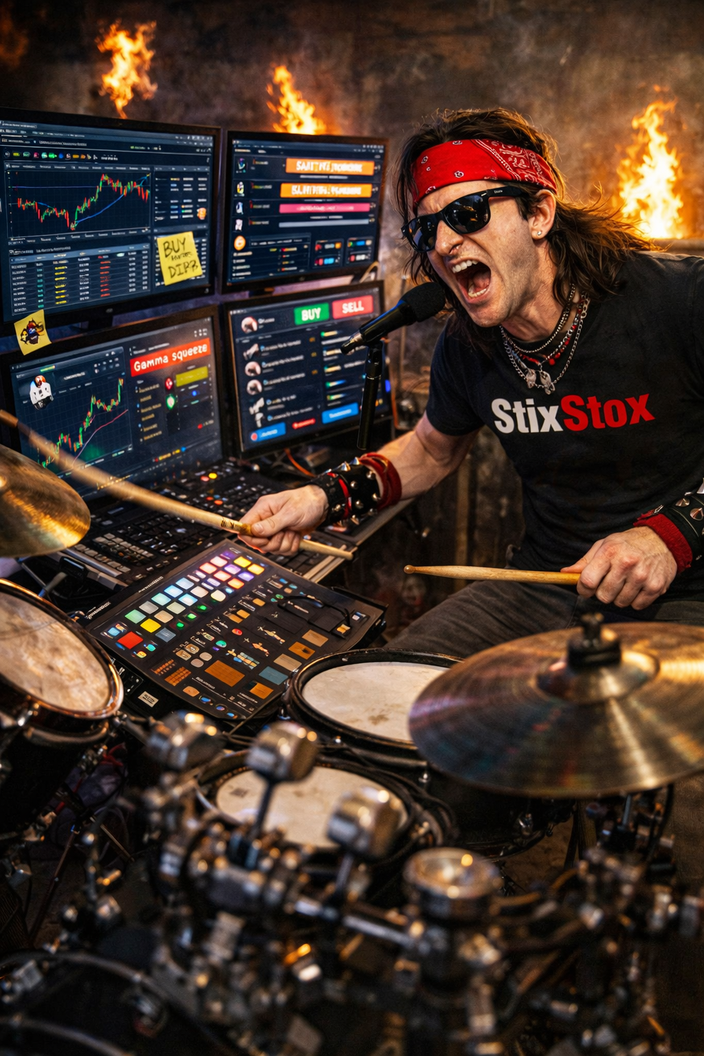 Zane Cross sitting behind his drum kit, staring down the lens of an iPhone mounted in a ring light, twirling Vic Firth drumsticks.
