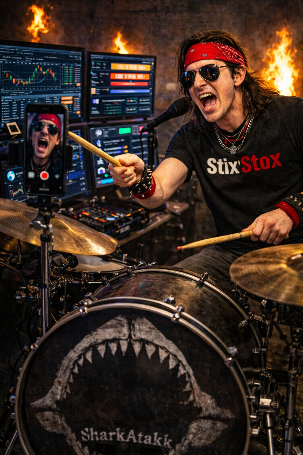 A sprawling eight-monitor setup surrounding the drum kit, with cables connecting the drum triggers to a master terminal.