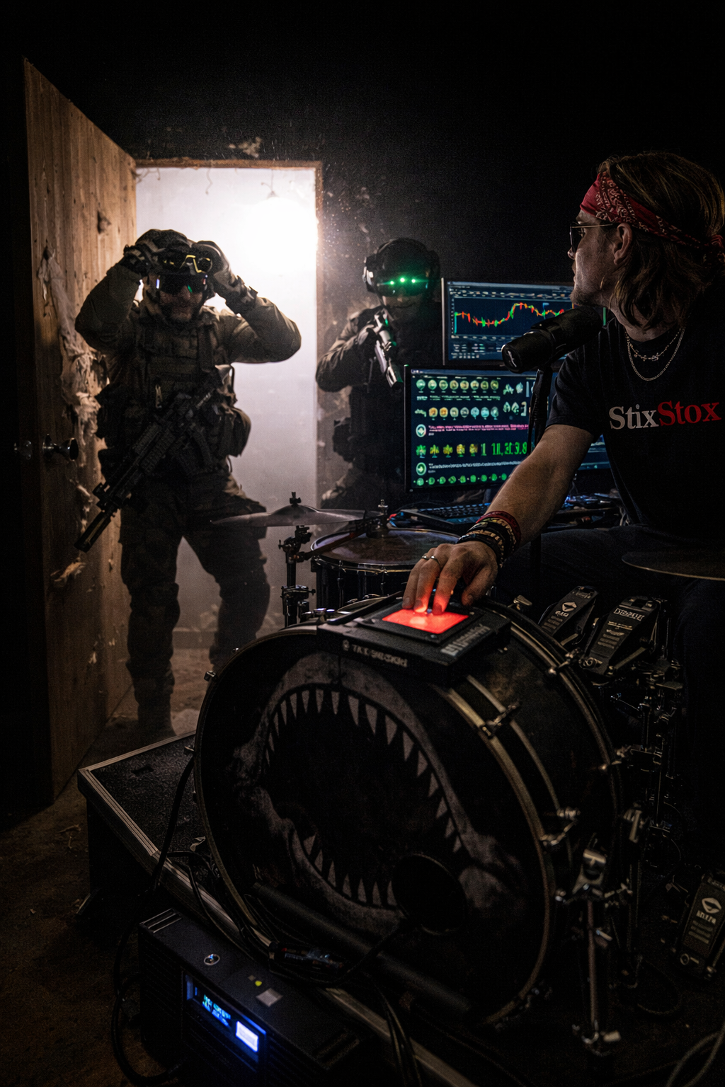 The eight-monitor command array still blazing on UPS power &mdash; the stream holding as the hallway goes dark