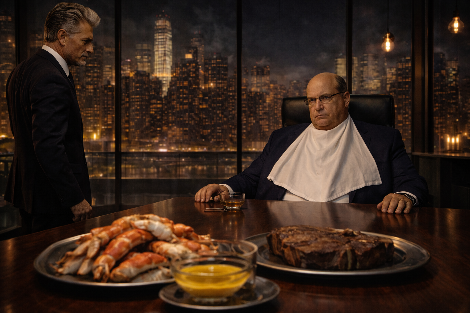 The Banker in an executive suite with steak and seafood on a mahogany table