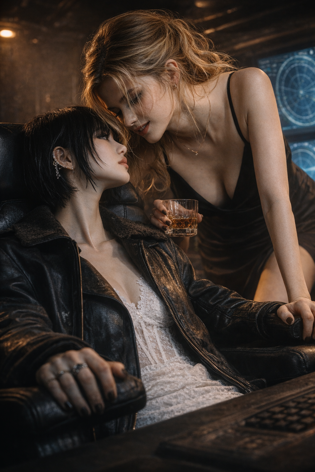 Harper's manicured fingers near Mia's ruined collar.