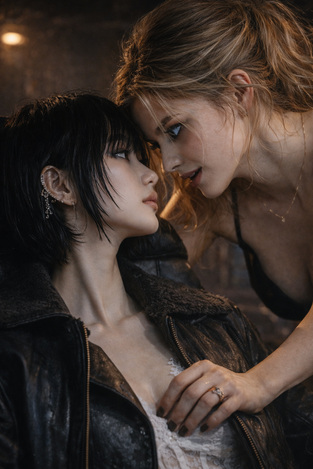 Mia's face, stoic but intense.