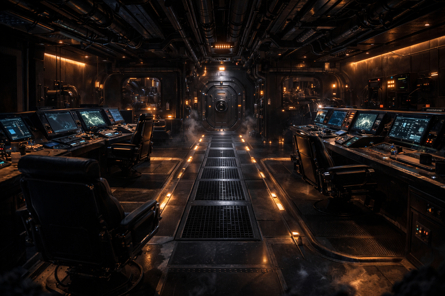 The submarine's interior, dark with amber lighting.