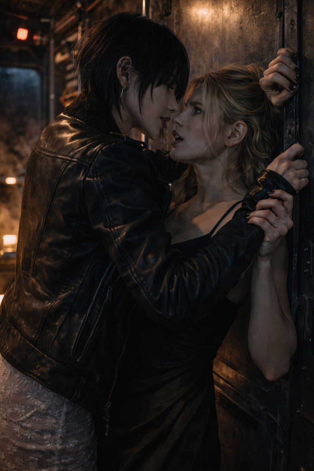 Mia pressing Harper against the bulkhead.