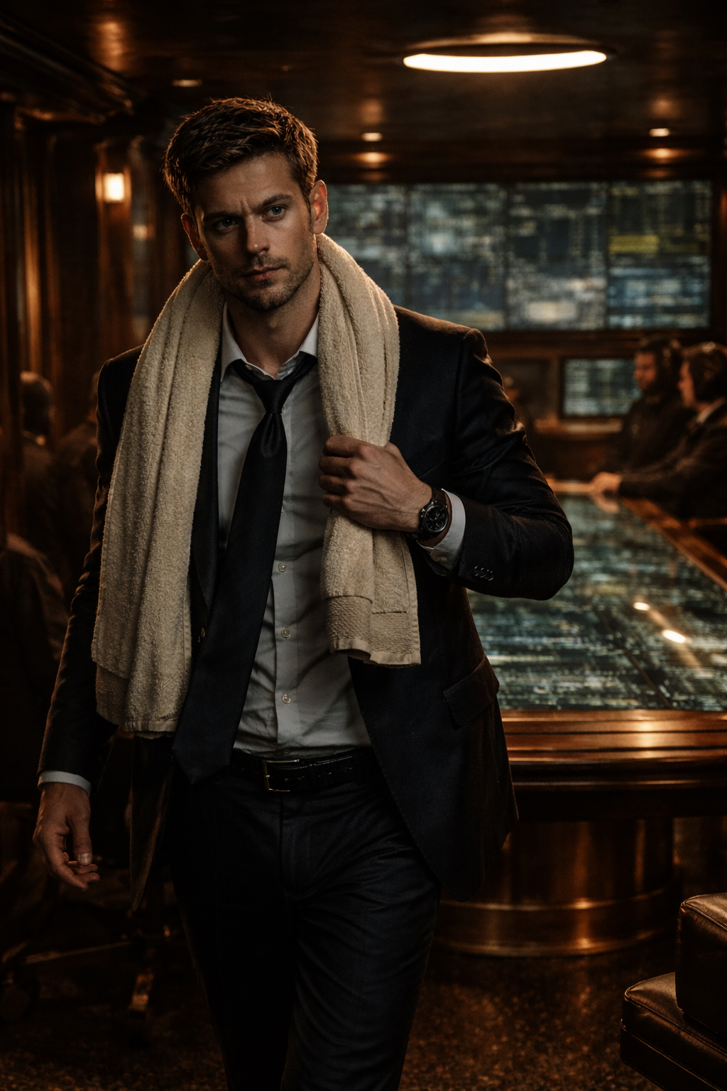 Marcus Thorne shivering near the door.