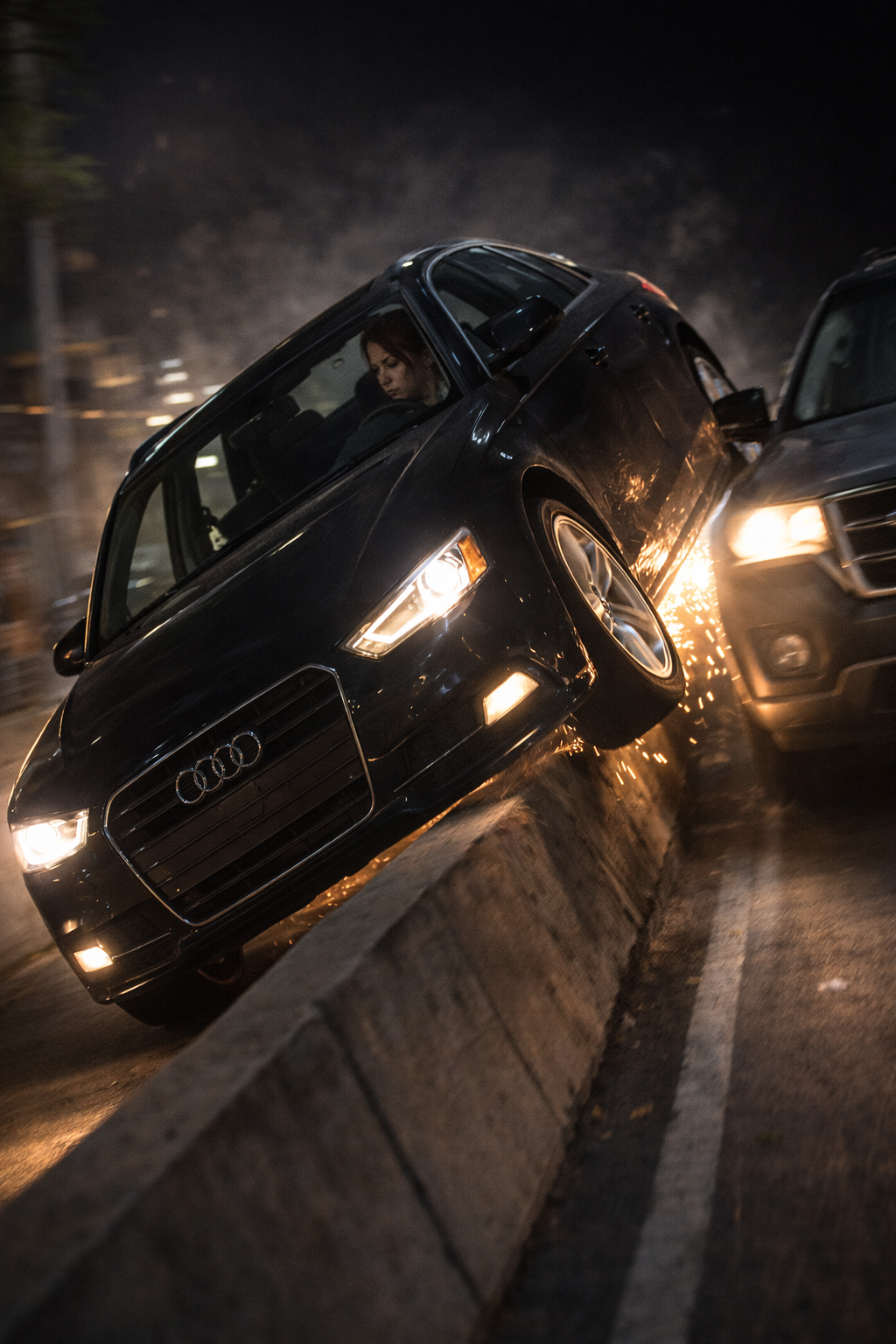 The Fox driving an Audi RS7 in the rain