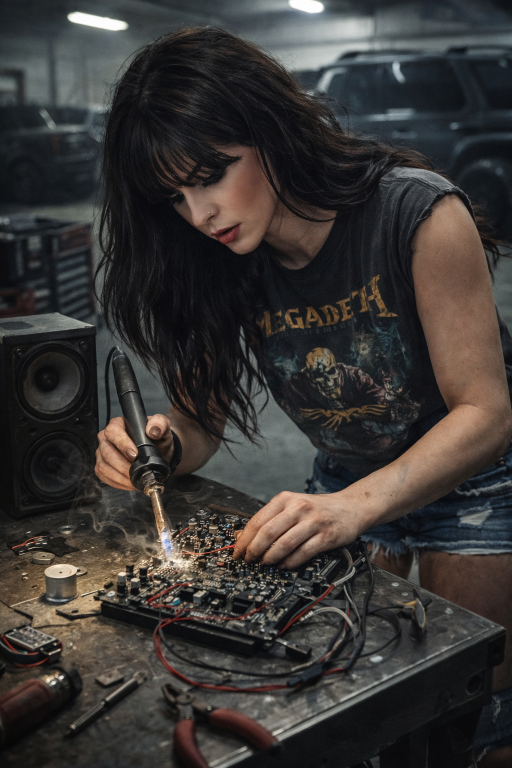 Morgan 'Vex' Callaway performing on stage, wearing a studded leather bralette, chains, and smirking with absolute, arrogant confidence.