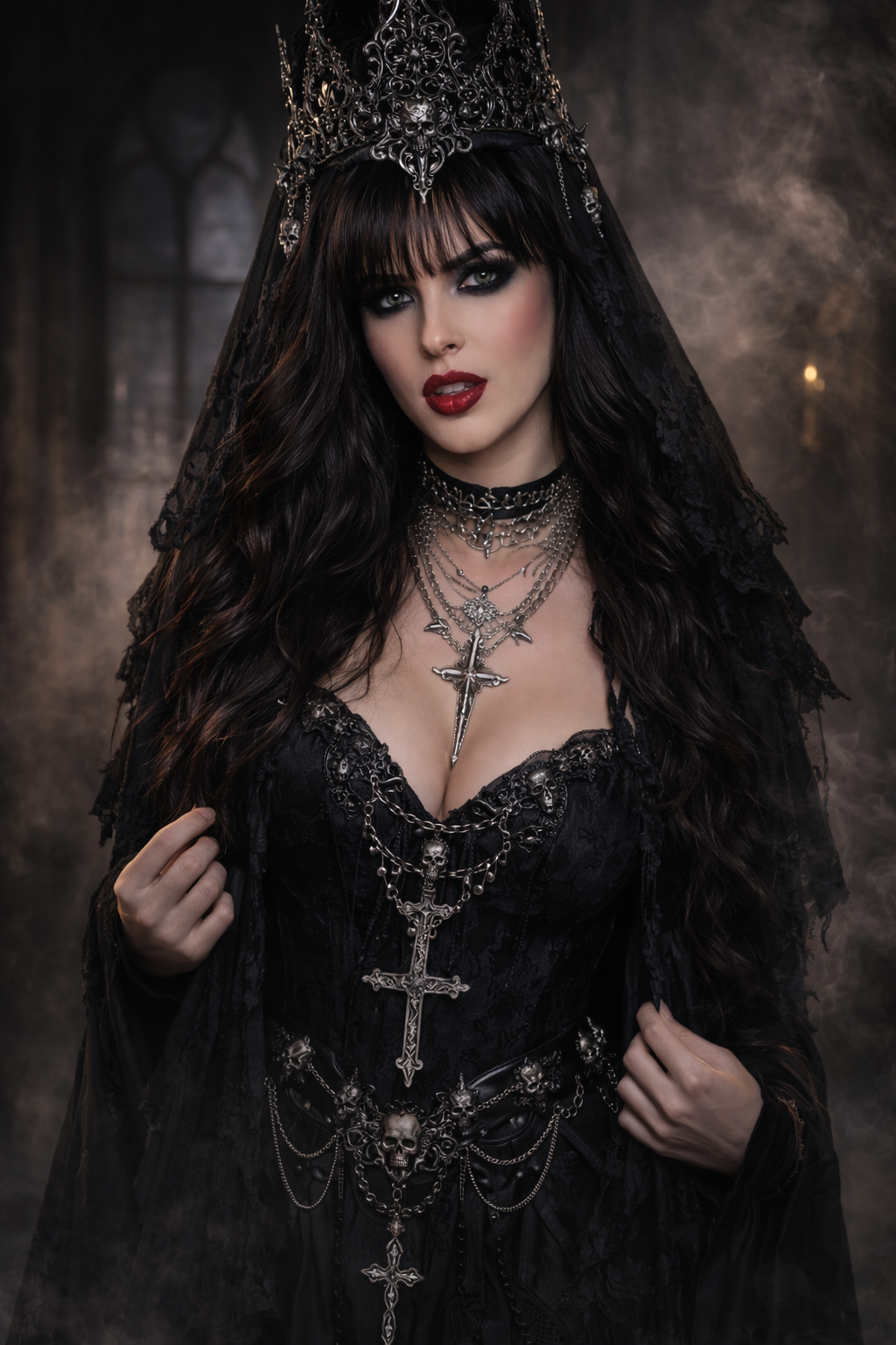 Morgan dressed as a Gothic Queen for a pirate broadcast, wearing an intricate silver crown, black lace veil, and layers of skull and cross jewelry.