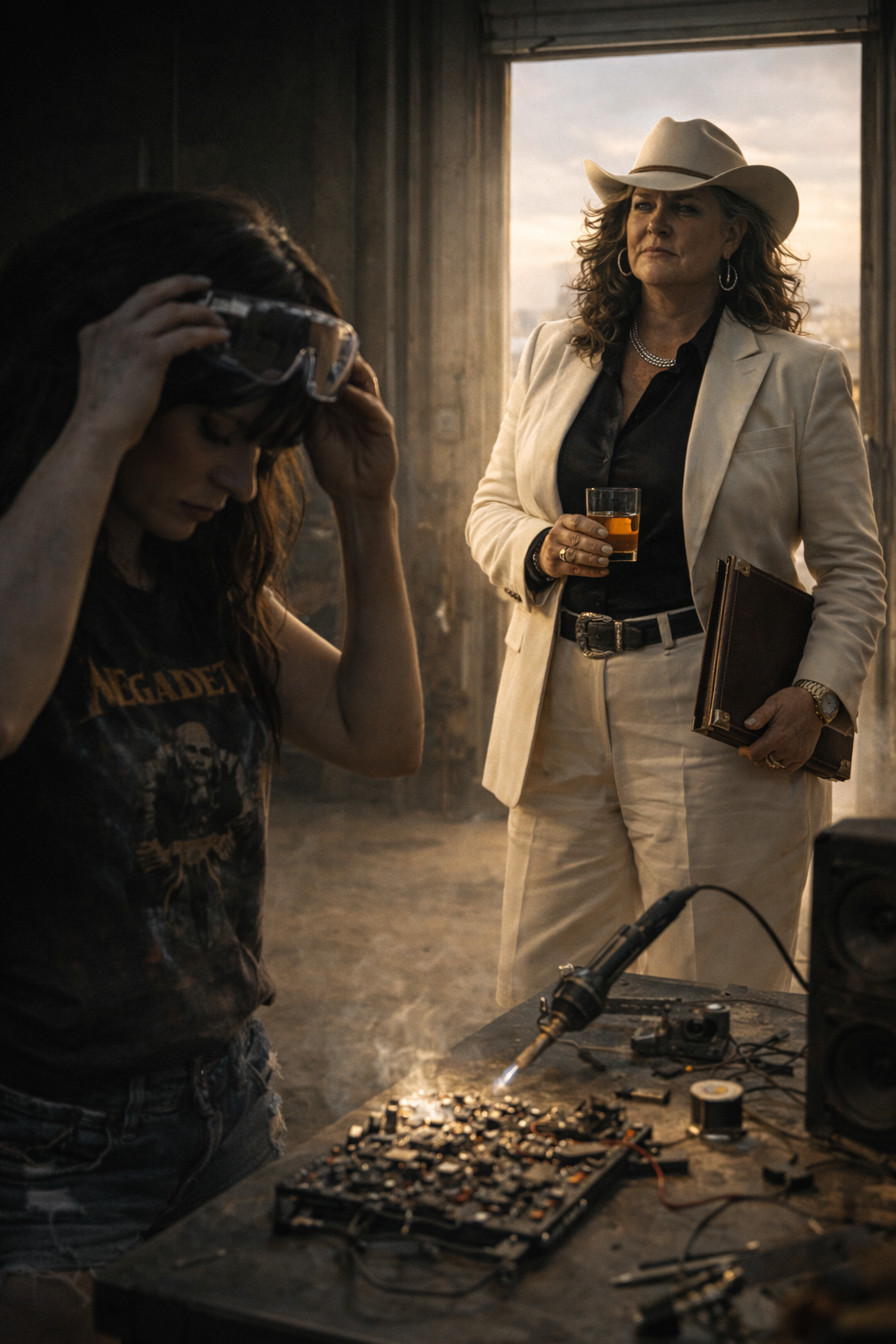 Morgan 'Vex' Callaway performing on stage, wearing a studded leather bralette, chains, and smirking with absolute, arrogant confidence.