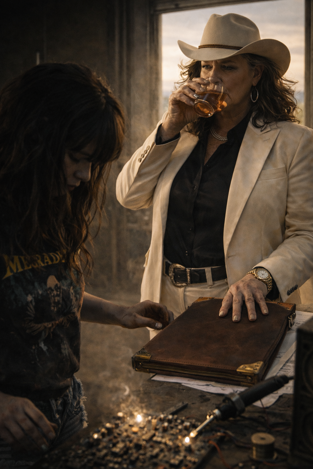 Morgan 'Vex' Callaway performing on stage, wearing a studded leather bralette, chains, and smirking with absolute, arrogant confidence.