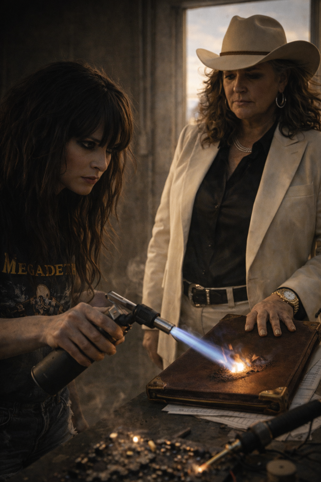 Morgan standing defiantly in a Texas garage, holding a blowtorch against a leather portfolio, while Maxine Callaway watches coldly in a white suit.