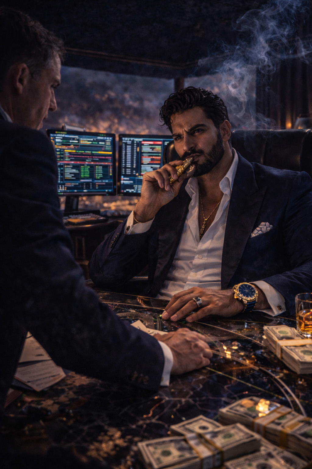 Quantitative analysts — Bloomberg terminals casting blue light across the crisis table