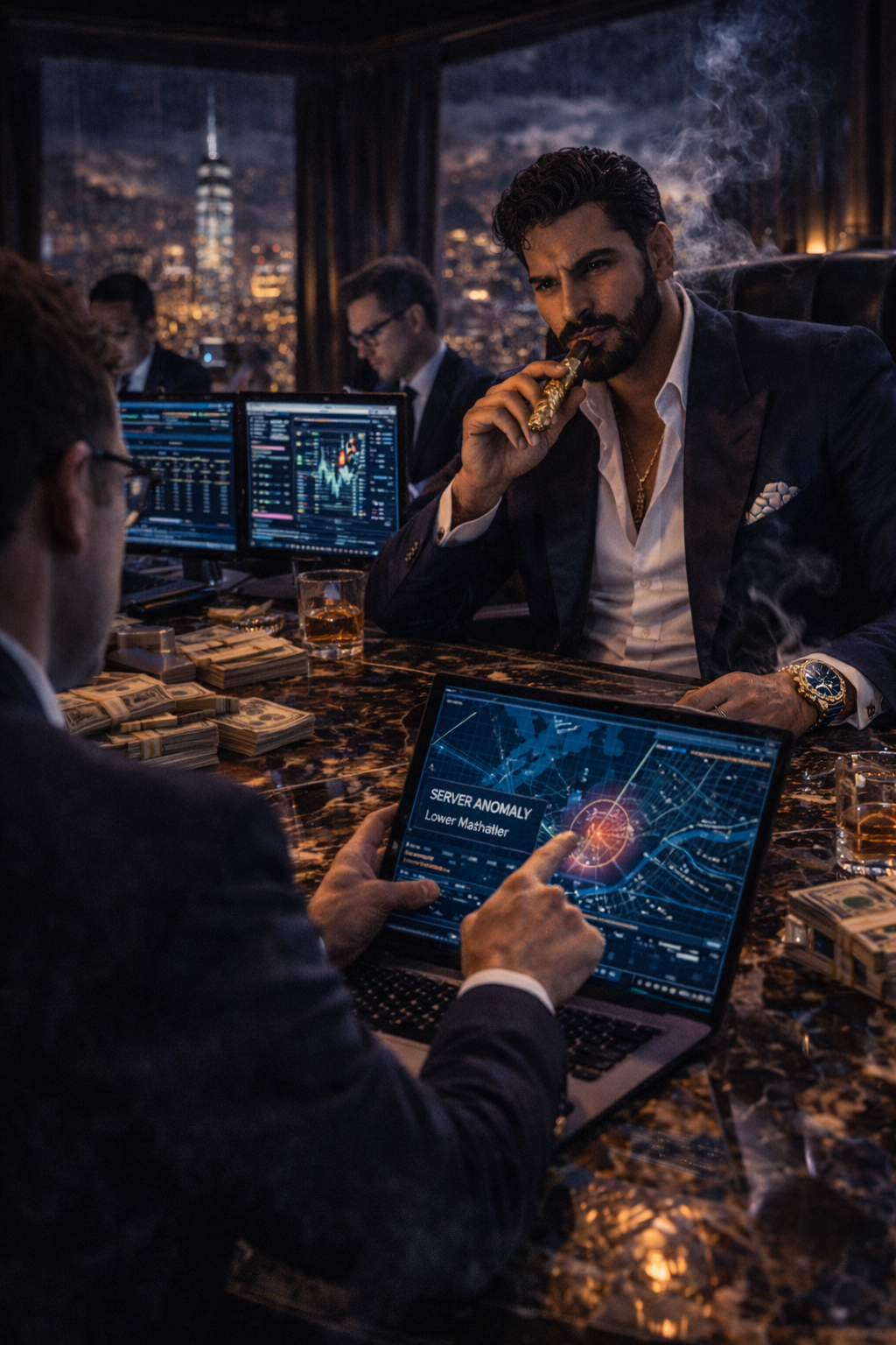 Data visualization projected on the velvet wall — the World Trade Factory server cluster identified