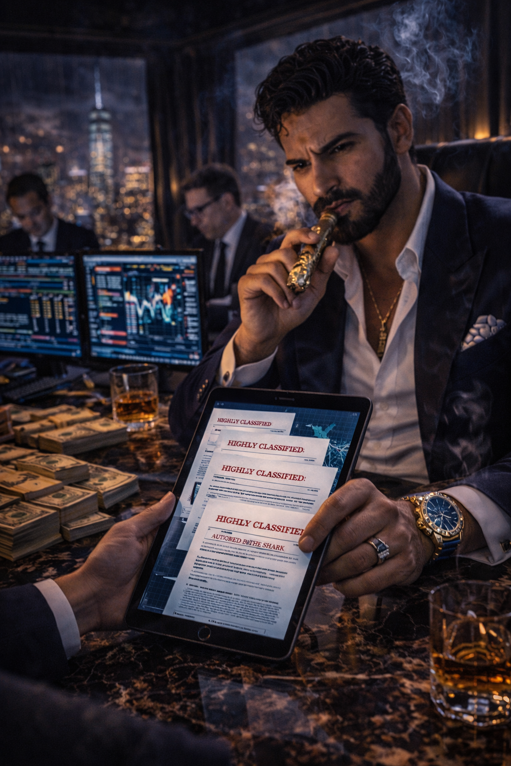 The Shark's financial white papers — decrypted dossier laid out on the Baccarat table